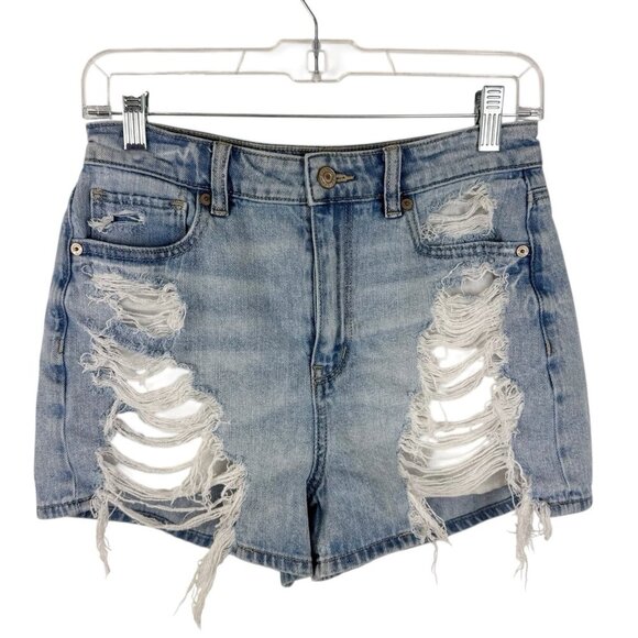 American Eagle Women's 2 Mom Denim Short Destroyed Blue Stretch 2.5 in. - Picture 1 of 12